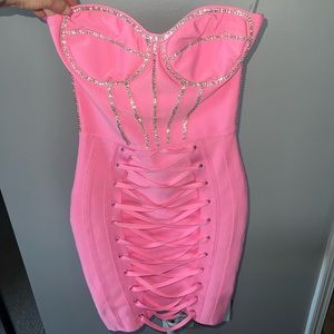 Rhinestone Lace Up Strapless Bandage Mini Party Dress